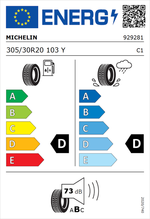 Tyre Label for Michelin Pilot Sport Cup 2 305/30R20 103Y