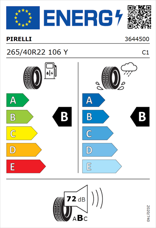 Tyre Label for Pirelli Scorpion Zero All Season 265/40R22 106Y