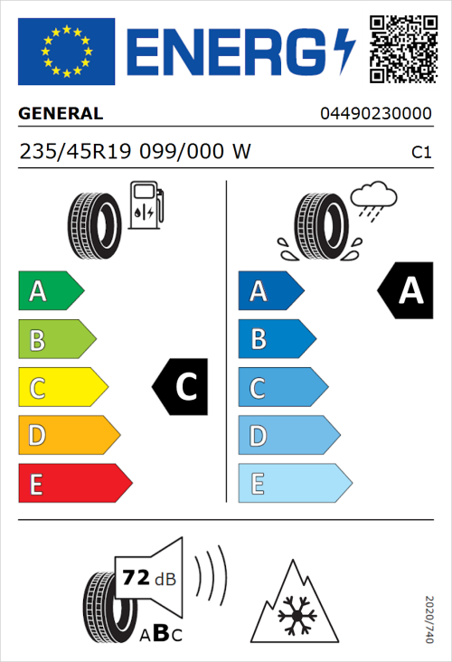 Tyre Label for General Grabber GT Plus 235/45R19 099/000W