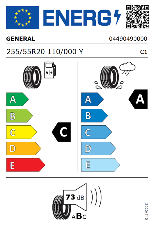 Tyre Label for General Grabber GT Plus 255/55R20 110/000Y