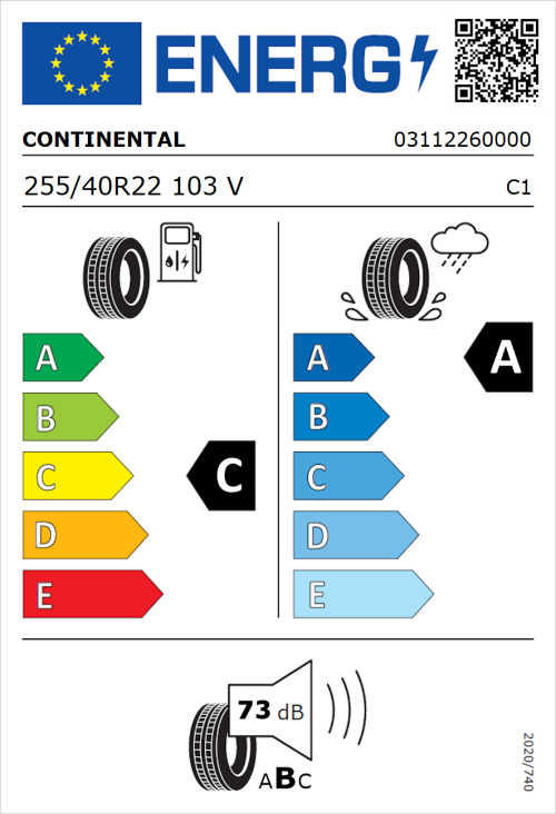 Tyre Label for Continental PremiumContact 6 CS 255/40R22 103V