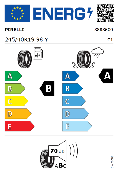 Tyre Label for Pirelli Powergy 245/40R19 98Y