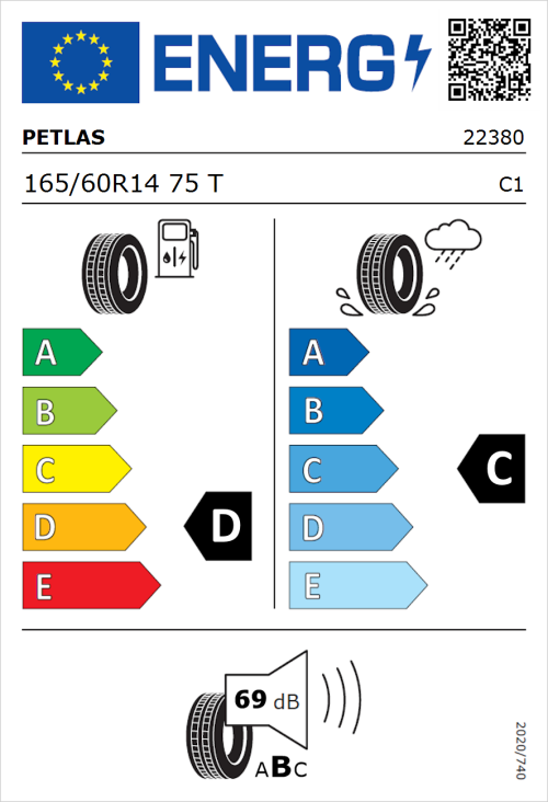 Tyre Label for Petlas Elegant PT311 165/60R14 75T