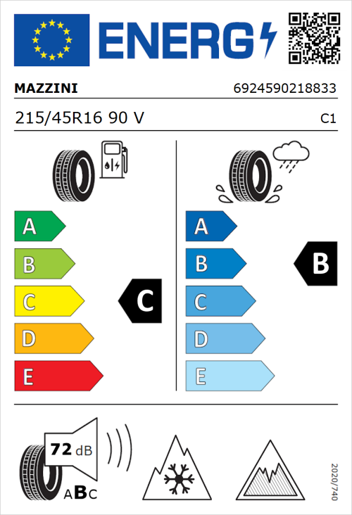 Tyre Label for Mazzini Versat-AS8 215/45R16 90V