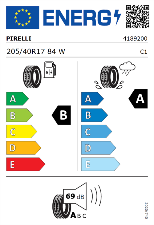 Tyre Label for Pirelli Powergy 205/40R17 84W