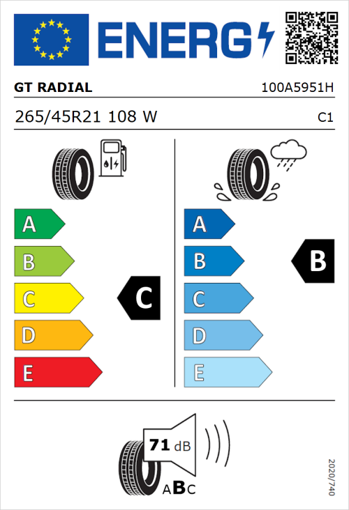 Tyre Label for GT Radial TouringActive 265/45R21 108W