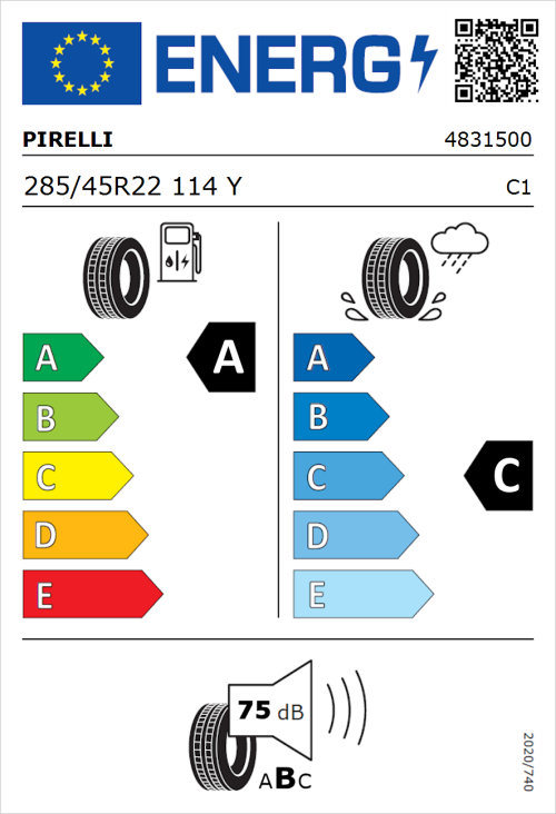 Tyre Label for Pirelli Scorpion Zero All Season 285/45R22 114Y