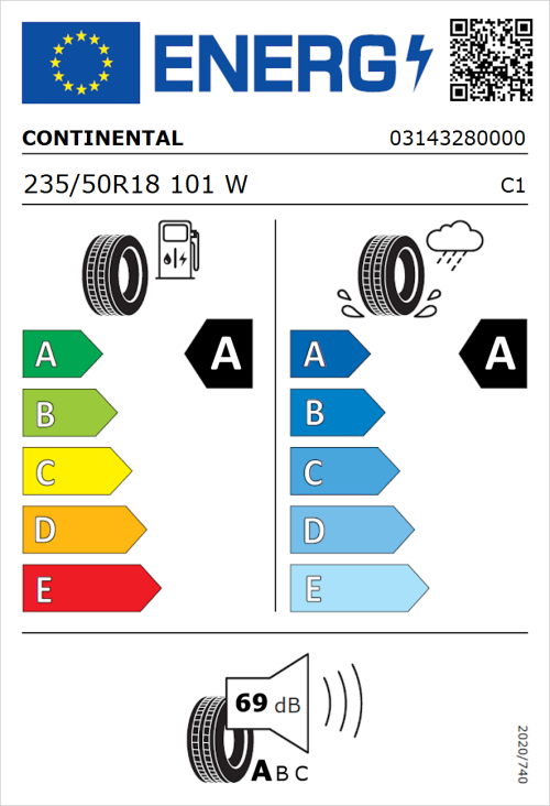 Tyre Label for Continental UltraContact NXT 235/50R18 101W