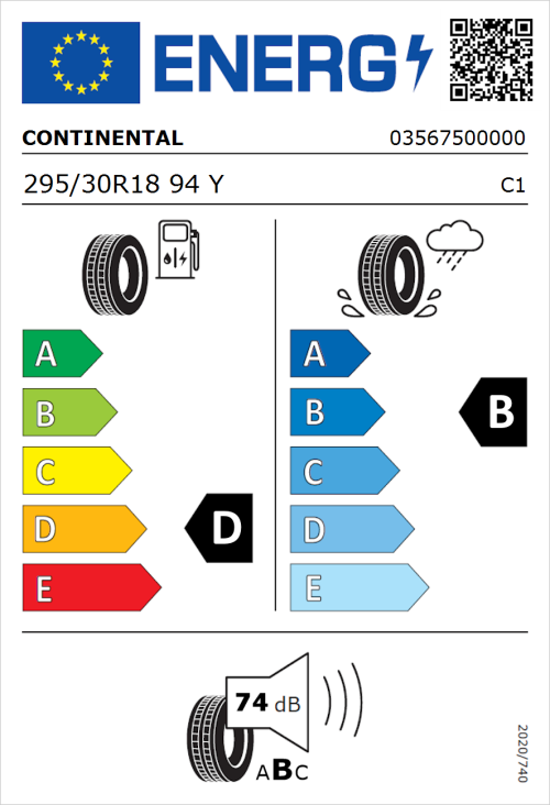 Tyre Label for Continental SportContact 2 295/30R18 94Y